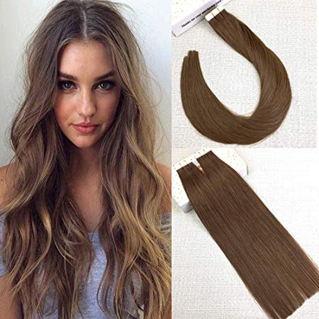 Reysaina 24inch 50 Gram Tape in Human Hair Extensions Light Brown Color #8 Tape on Hair Extensions Skin Weft Real Human Hair Glue in Hair Extensions
