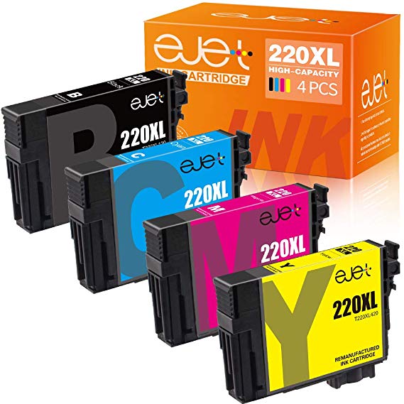ejet New Remanufactured Ink Cartridge Replacement for Epson 220XL 220 XL T220XL to use with WorkForce WF-2750 WF-2630 WF-2650 WF-2660 WF-2760 XP-320 XP-420 (1 Black, 1 Cyan, 1 Magenta, 1 Yellow)4 Pack