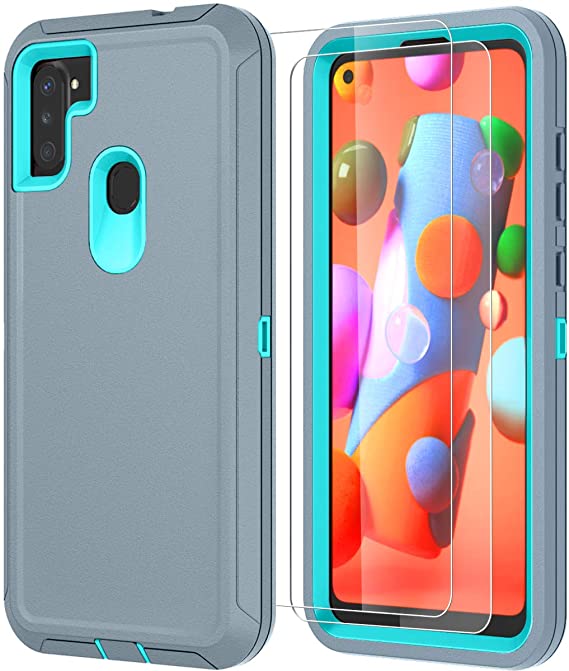 Thinkart Phone Case for Galaxy A11 Case with HD Screen Protector,Drop Protection Full Body Rugged Heavy Duty Case,Shockproof Dust Proof 3-Layer Durable Cover for Samsung Galaxy A11 (Gray-SkyBlue)