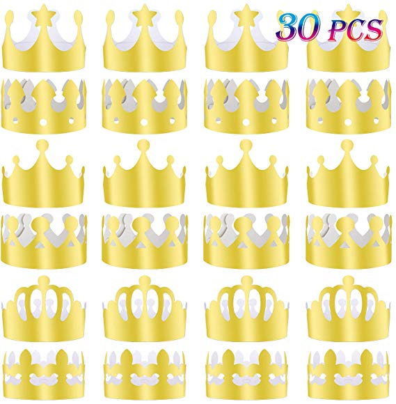 TUPARKA 30 Pcs Paper Crown Golden King Crowns Gold Foil Party Crown Hat Cap for Birthday Celebration Baby Shower Photo Props (6 Styles)