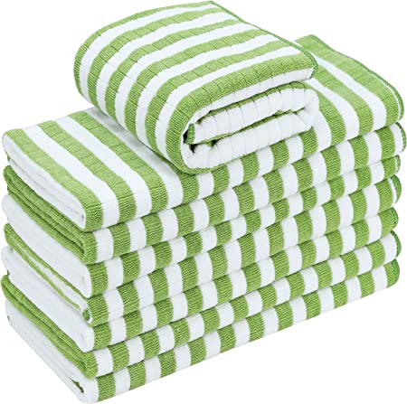 Gryeer 8 Pack Microfiber Dish Towels, Super Absorbent, Soft and Lint Free Kitchen Towels(400gsm, 117g/piece), Check Designed with Hanging Loops, 26 x 18 Inch, Green