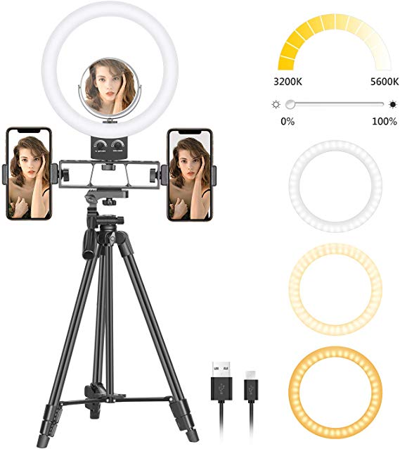 Neewer 9 Inches Ring Light with Mirror, Dimmable Selfie LED Ring Light for Beauty Makeup Live Stream YouTube Video Photography with Adjustable Tripod Stand and Cell Phone Holder for iPhone Android