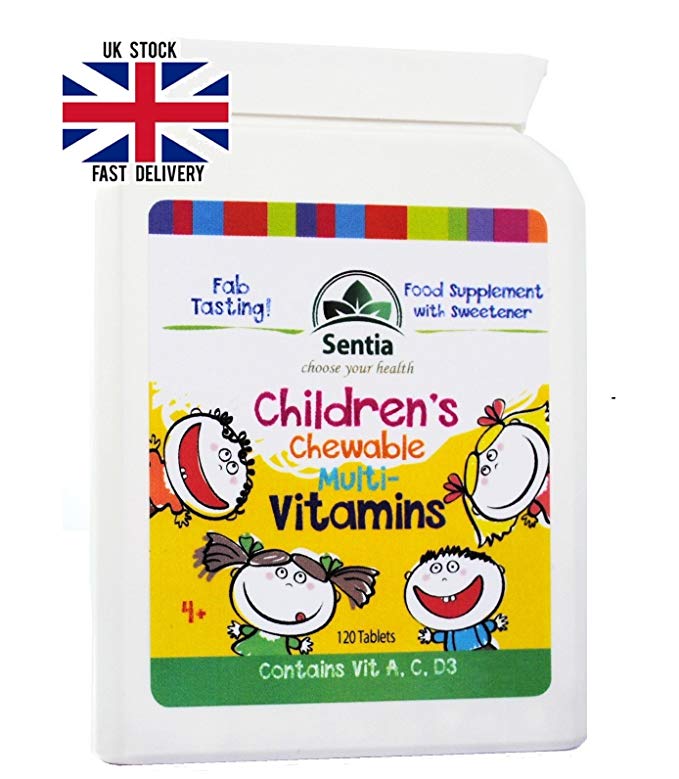 Children's Chewable Multivitamins (120 Pack size) 4 Month Supply of Nutritional support for your children - Suitable for Vegetarians. Manufactured in UK. Sentia Kids Multi-Vitamins contain the vital Vitamin D3 . Quality Assured, GMP certified product. Kids Edible Vitamins taste great.