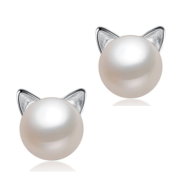 Wicary Cute Sweet Cat S925 Sterling Silver Pearl Earrings Ear Studs Gift for Women
