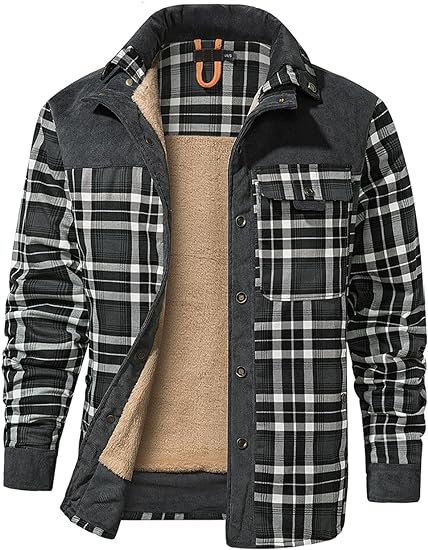 Haellun Men's Long Sleeve Sherpa Lined Shirt Jacket Flannel Plaid Fleece Coats