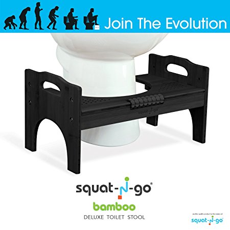 Squat N Go 7” or 9” Adjustable Bamboo Luxury Squatting Toilet Stool with Built-In Foot Massager to Boost Blood Circulation - Black