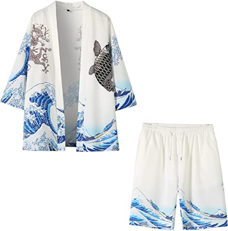 PRIJOUHE Mens Japanese Kimono Coat Suits Loose Open Front Seven Sleeve Kimono Cardigan Jacket with Shorts