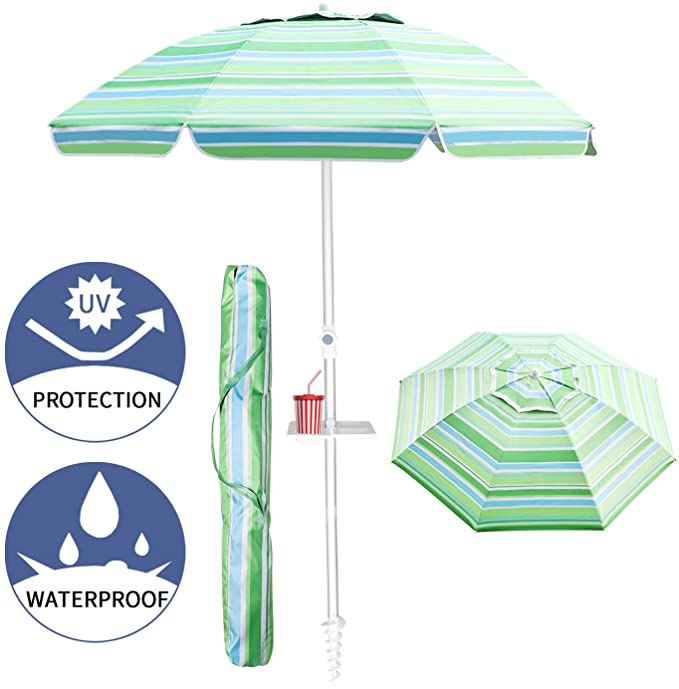 Aclumsy 7ft Beach Umbrella with Tilt Aluminum Pole and UPF 50 , Air Vents Design and Portable Sun Shelter for Sand and Outdoor Activities - Green White Stripe