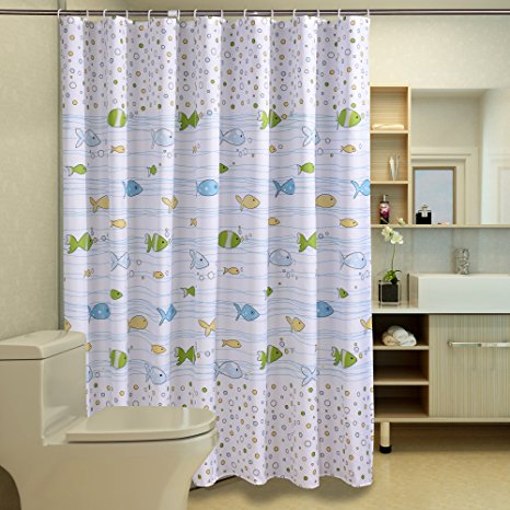 Sfoothome Fresh Fish Printed Pattern ,Mildew Proof and Waterproof Polyester Fabric Shower Curtain with Free Hooks for Bathroom (72 Inch By 72 Inch)