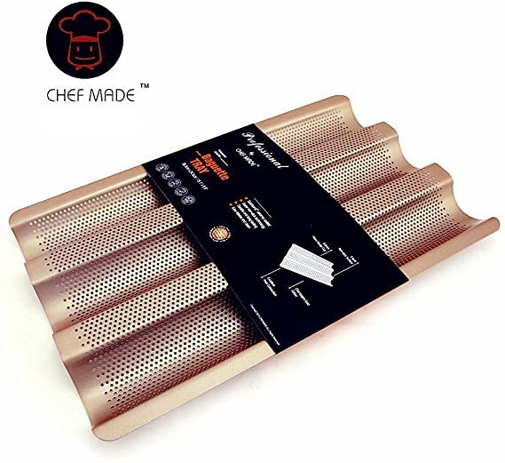 Chef Made 3 Non-stick Perforated Baguette Pan French Bread Pan Wave Loaf Bake Mold, Golden