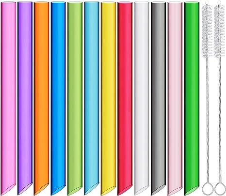 ALINK 12-Pack Reusable Plastic Boba Straws, 13 mm x 10.5 inch Long Wide Clear Smoothie Straws for Bubble Tea, Tapioca Pearls, Milkshakes with 2 Cleaning Brush - Pointed Design