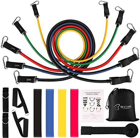 BESTOPE 16 Pcs Resistance Bands Set Exercise Bands, 5 Fitness Stackable Workout Tubes Up to 150 lbs with 5 Resistance Loop Bands Handles Ankle Straps Door Anchor Carry Bag for Home Gym Training