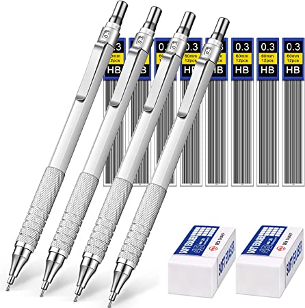 Mechanical Pencils Set, 4 Pieces Automatic Metal Mechanical Pencils, 8 Pieces HB Pencil Leads Replaceable Refills and 2 Pieces Erasers for Home, School, Office Supplies (Silvery, 0.3 mm)