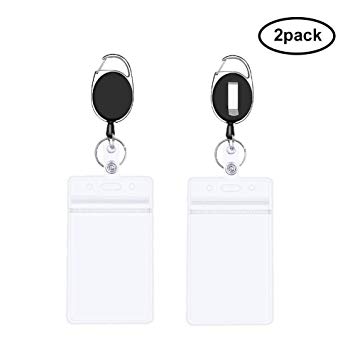 2 Packs Retractable Badge Holder with Carabiner Reel Clip, Clear Vertical ID Card Holder and Key Ring