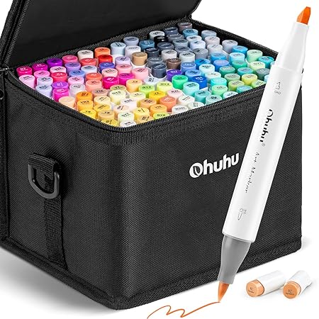 Ohuhu 120-Color Alcohol Art Markers Set, Dual Tip, Brush & Chisel, Sketch Marker, Alcohol-Based Brush Markers Bonus 1 Blender for Sketching, Adult Coloring, Calligraphy and Illustration Markers