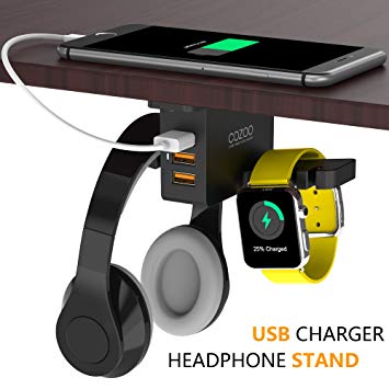 Headphone Stand with USB Charger COZOO Under Desk Headset Hanger Holder Mount Bracket with 3 port USB Charging Station and Smart Watch Charging Dock Dual Earphone Hanger Mount Hook for All Headphones