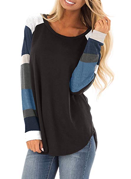 T Shirts for Women, Long Sleeve Crew Neck Pullover Loose Colour Matching Tunics Shirts Tops