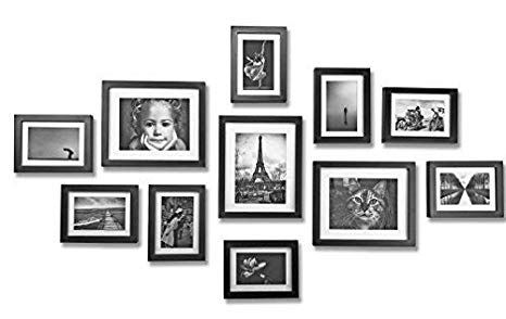 Ray & Chow Photo Picture Frame Wall Set Black - 11 Frames - Real Glass Front- Solid Wood - With Picture Mounts- 135x70cm- Frame Width 2cm
