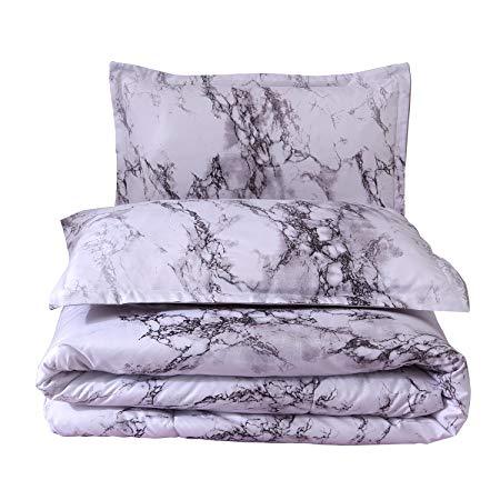 YOUSA Marble Comforter Set 3-Piece Gray and White Marble Pattern Printed Microfiber Bedding Queen (Gray)