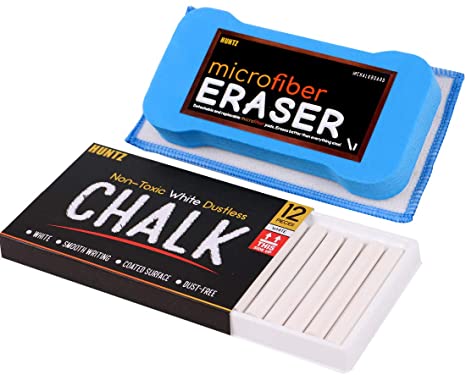 Huntz Non-Toxic White Dustless Chalk (12 ct Box) / Premium Microfiber Eraser (Washable & Reusable)