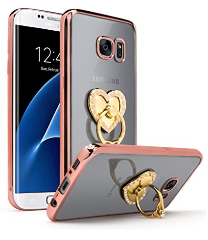 Samsung Galaxy S7 Edge Case, Bastex Slim Fit Clear Plastic TPU Rose Gold Bumper Case Cover with Bling Heart Pink Ring Holder Kickstand for Samsung Galaxy S7 Edge G936