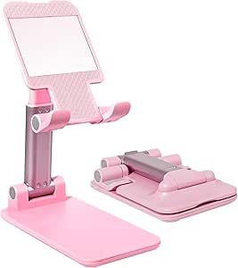 Cell Phone Stand, Angle Height Adjustable Cell Phone Holder for Desk, Fully Foldable with Silicone Pad, Compatible with iPhone and All Mobile Phones Tablet, Sturdy Weighted Base (Pink)