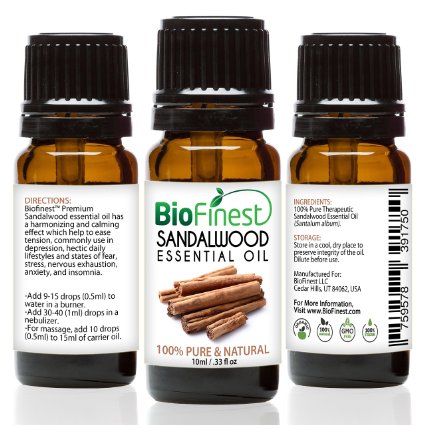 Biofinest Sandalwood Essential Oil - 100% Pure Undiluted - Premium Organic - Therapeutic Grade - Aromatherapy - Clarity/Calmness - Meditation and Prayer - FREE E-Book (10ml)