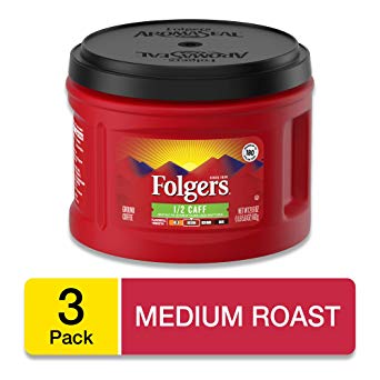 Folgers 1/2 Caff Coffee, Half Caffeinated Medium Roast Ground Coffee Canister, 21.6 Ounces, 3 Count