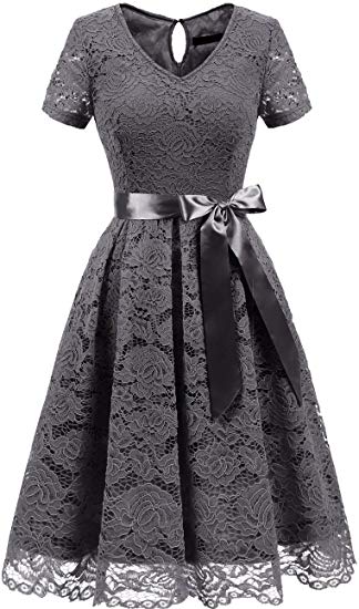 DRESSTELLS Women's Elegant Bridesmaid Dress Floral Lace Dresses with Short Sleeves