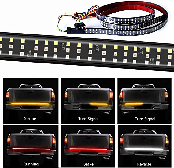 432LEDS Triple Row Tailgate Light Bar, 60 Inch Tail Strip Light Bar for Trucks Pickup Trailer SUV RV VAN, with 4-Way Flat Connector Wire - Red Brake White Reverse Amber Turn Signal Strobe Light