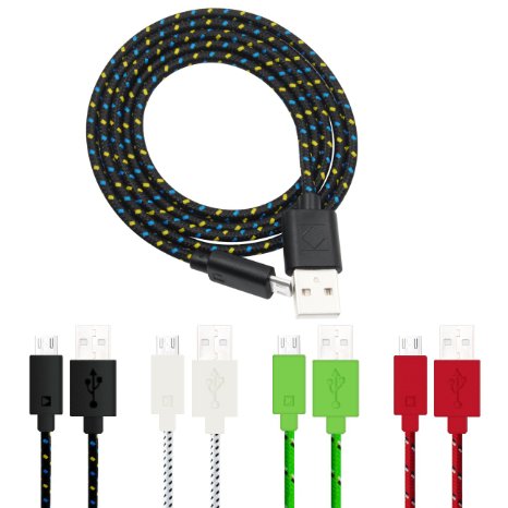 CCLV Pack of 4 High-Speed Micro USB Cable [3FT/1M ] Colorful Ruggedized Nylon Braided Durable Universal Micro A To USB B Charger Cable Cords /Sync Data Cable For Samsung Galaxy S6 Edge /S6 /S4/S3/S2/Note 4,HTC One M7 M8 ,LG G3/G4,Google,Motorola,Sony,Nokia And More Andriod Phones - [Green/Red/White/Black]