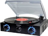 TechPlay TCP2 BK 3 Speed 33 45 78 RPMturntable with pitch control FM Radio RCA Out Jacks Headphone Jack AUX input and Built-in stereo speakers LED lights