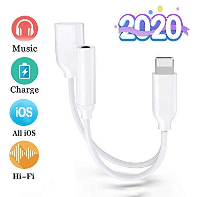 Headphones Adapter for iPhone Adapter 3.5 mm Headphone Jack Car Charger for iPhone 11/11 Pro/X/10/Xs/Xs Max/8/8 Plus/7/7 Plus Music & Charge Dongle Earphone Convertor Support All iOS-White