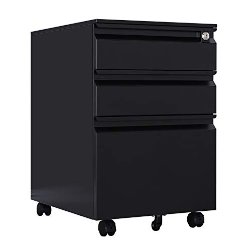 METALSTAR 3-Drawer Half Cycle Handle Mobile Pedestal File Cabinet, Metal Pedestal Storage on Wheels Under Desk (Black)