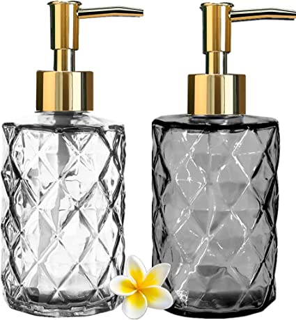 Soap Dispenser - 2 Pack, 12 Oz Clear Diamond Design Glass Refillable Hand Soap Dispensers; with 304 Rust Proof Stainless Steel Pump, Lotion Dispensers for Kitchen, Bathroom