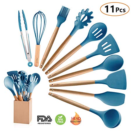 Silicone Cooking Utensils Kitchen Utensil Set with Holder, MIBOTE 10 Pieces Acacia Wooden Cooking Tool Turner Tongs Spatula Spoon for Nonstick Cookware - Best Kitchen Tools Gadgets (Blue)