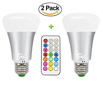 2-Pack RC 10W RGB White Color Changing Light Bulb,900LM 60W Incandescent Lamp Equivalent Dimmable E26/27 RGB Led Bulb with Timing Function 21Key IR Remote , Multi Colour Led Wall Switch Control Screw Led Bulbs