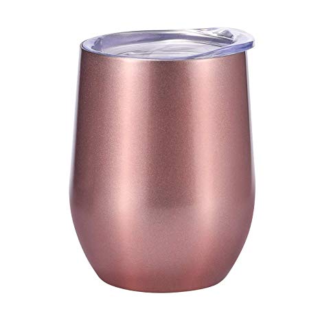 YSBER 12 oz Insulated Stemless Glass Stainless Steel Tumbler Cup with Lids for Cold & Hot Drink, Wine, Cocktail, Coffee, Champagne, Outdoor Drinkware (Rose Gold)