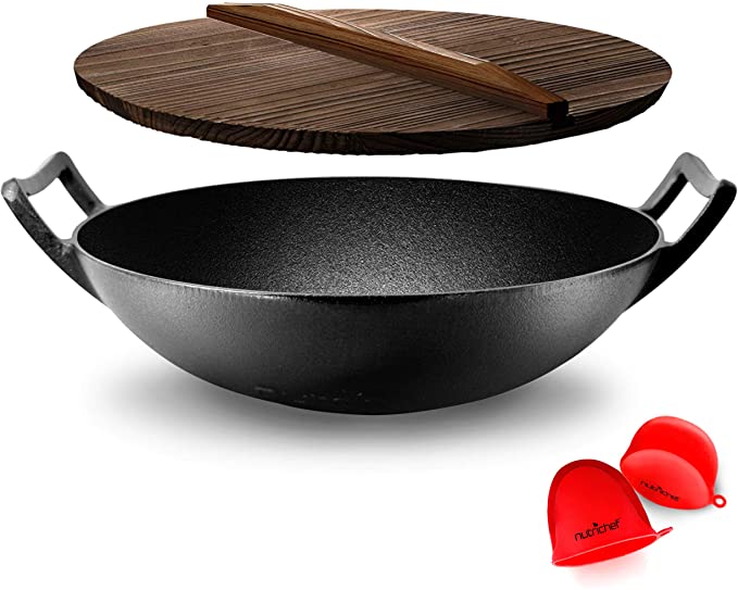 Nutrichef NCCIWOK60 Pre-Seasoned Cast Pan-5.8 QT Heavy Duty Non-Stick Iron Chinese Wok or Stir Fry Skillet w/Wooden Lid, for Electric Stove Top, Induction, Large, Black