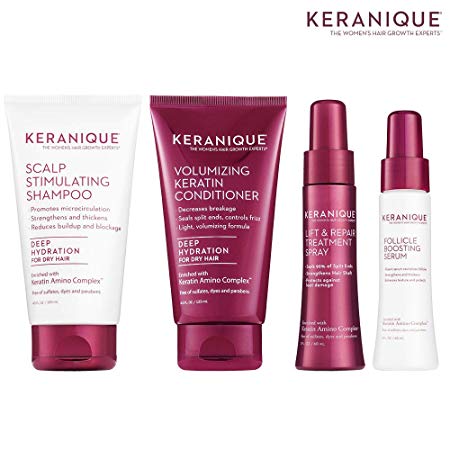 Keranique Deep Hydrating Thicker, Fuller Hair Kit – 30 Days | Shampoo, Conditioner, Follicle Boosting Serum, Lift & Repair Treatment Spray | Keratin Amino Complex Infused