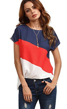 ROMWE Women's color block blouse short sleeve Casual Tee Shirts Tunic Tops 5 Colors