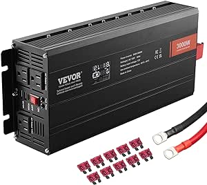 VEVOR Modified Sine Wave Inverter, 3000Watt, DC 12V to AC 120V LCD Display Power Inverter with 3 AC Outlets 2 USB Port 1 Type-C Port 10 Spare Fuses, for Large Household Equipment, CE FCC Certified