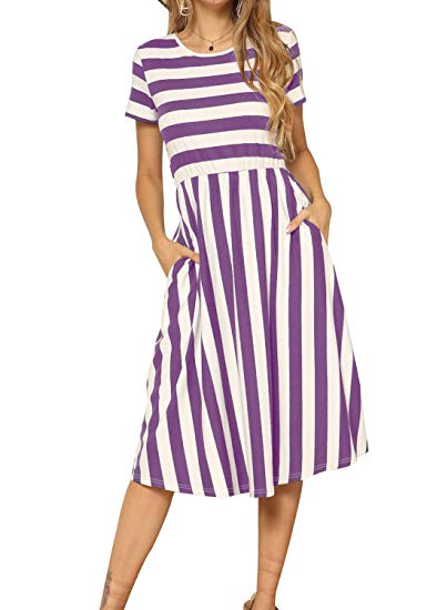 levaca Women's Casual Short Sleeve Striped Swing Midi Dress with Pockets