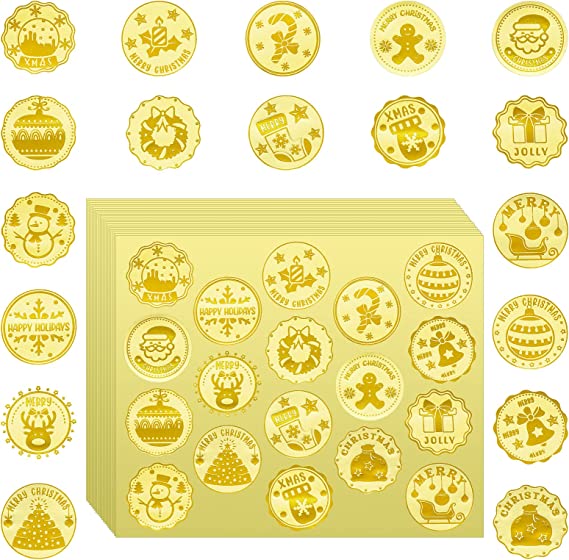 360 Pcs Christmas Metallic Sticker Gold Foil Stickers Snowflake Santa Snowman Xmas Tag Stickers 1.18 Inch Round Seals Labels for Christmas Holiday Cards Envelopes Boxes Gift Decoration (Santa Style)