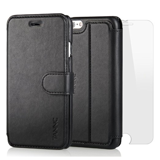 TANNC iPhone 6 Case iPhone 6S Case, Flip Leather Wallet Phone Case [Free Screen Protector Included] [Layered Dandy] - [Card Slot][Flip][Wallet] - For Apple iPhone 6 and iPhone 6S Devices - Black
