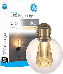 GE Vintage LED Night Light, Plug-in, Dusk-to-Dawn Sensor, Farmhouse, Rustic, Home Décor, UL-Certified, Ideal for Bedroom, Bathroom, Kitchen, Hallway, 55338, 1 Pack, Globe Lens