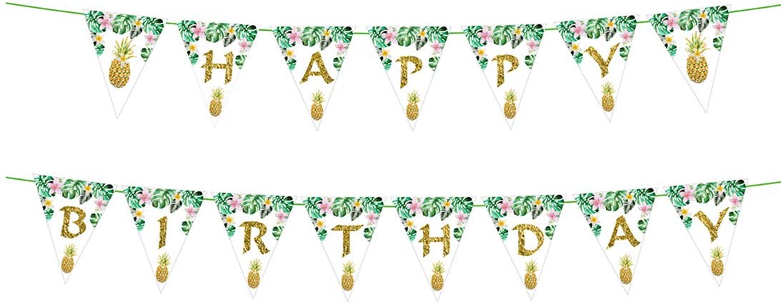 Hawaii Tropical Themed Party Supplies, Pineapple Palm Leaves Happy Birthday Banner for Hawaii Summer Beach Garland Party Supplies, Hawaiian Party Decor