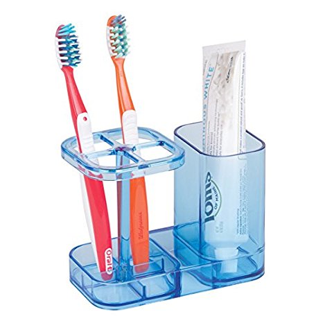 mDesign Bathroom Vanity Countertop Acrylic Toothpaste & Toothbrush Holder Stand with Cup / Dental Center, Holds Electric Toothbrushes – BPA free, Transparent Ocean Blue