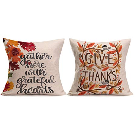 Wonder4 Thanksgiving Decorative Pillow Cushion Cover Give Thanks and Gather Here with Greatful Hearts Thanksgiving Fall Throw Pillow Case Cushion Cover Decorative 18" x 18" for Home Decor (2 Packs)