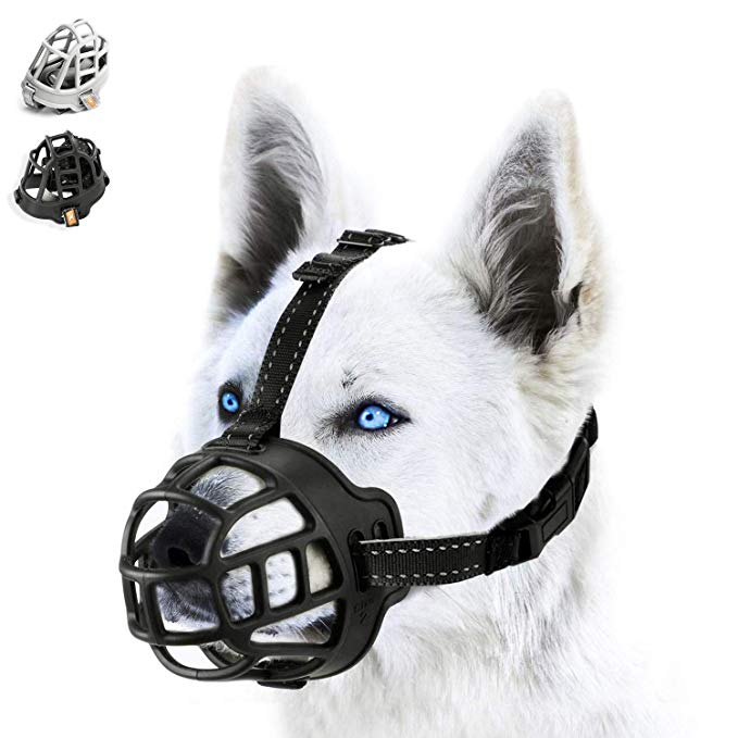 wintchuk Soft Silicone Basket Dog Muzzle Mouth Cover with Nylon and Reflective Neck Straps for Small, Medium and Large Dogs, Anti Barking, Biting, Chewing and Licking, Adjustable